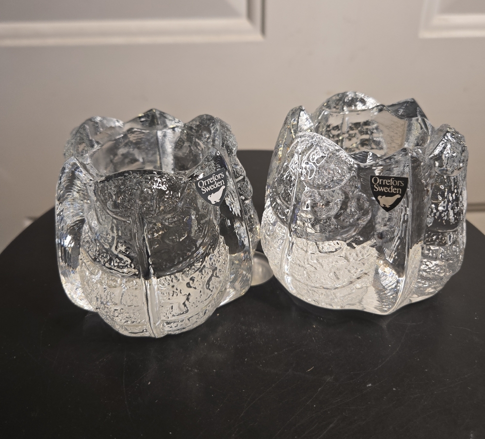 ORREFORS Crystal Sweden EDEN Leaf Votive Tealight Candle Holders Lars Hellsten